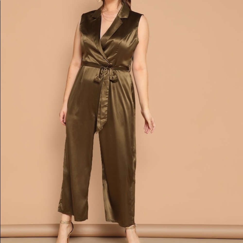 Surplice Neck Belted Satin Jumpsuit